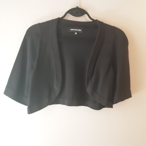 Jones New York Black Bolero Cropped Open Sweater Cardigan Short Sleeve Medium - Picture 2 of 13